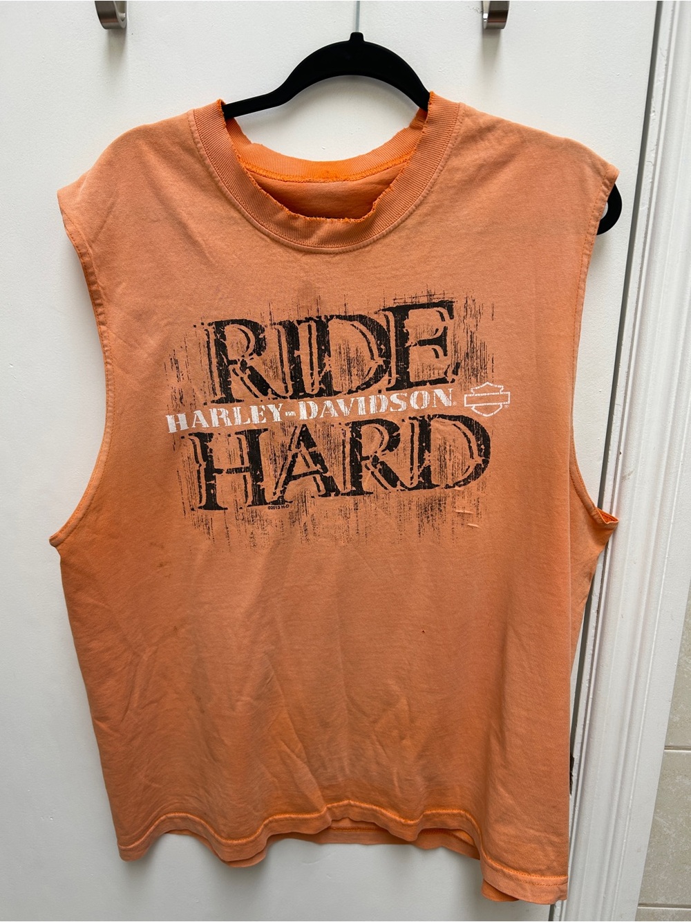 Harley-Davidson Orange Sleeveless Tee with 'Ride Hard' Graphic